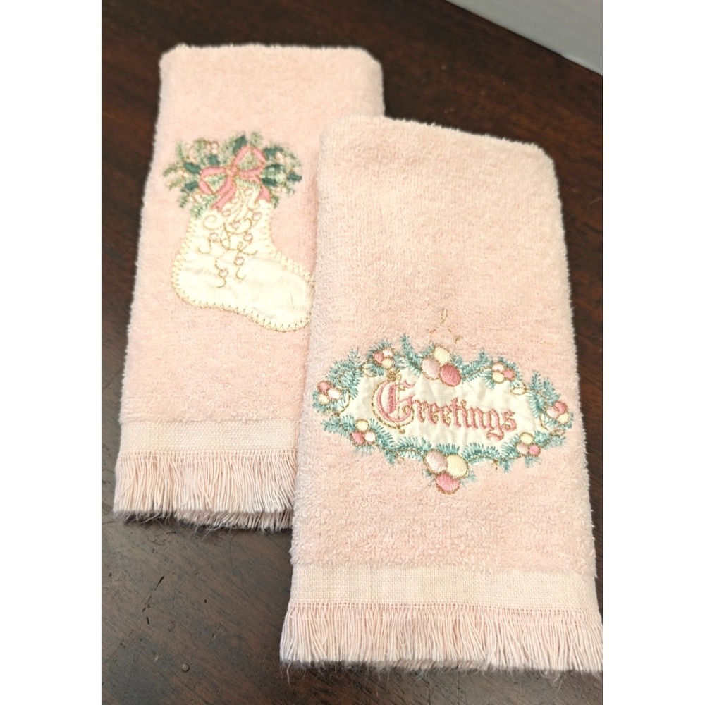 Vintage Cannon Christmas Towel Set 2 Pink Hand Towels Stocking Greetings MCM USA